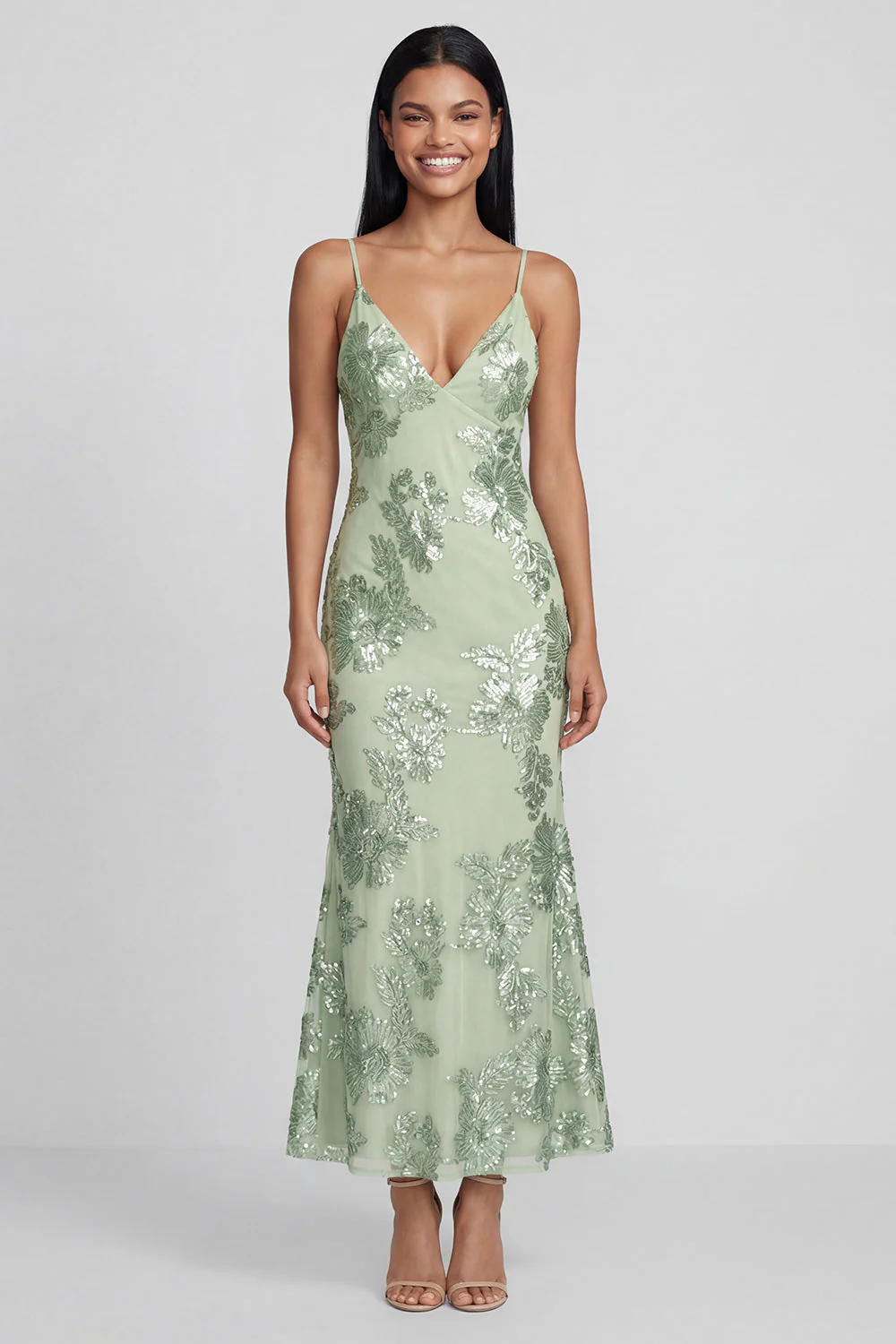 Sage Green Sheath Spaghetti Straps Embroidery Floral Dress with Lace Up Back - Image 2