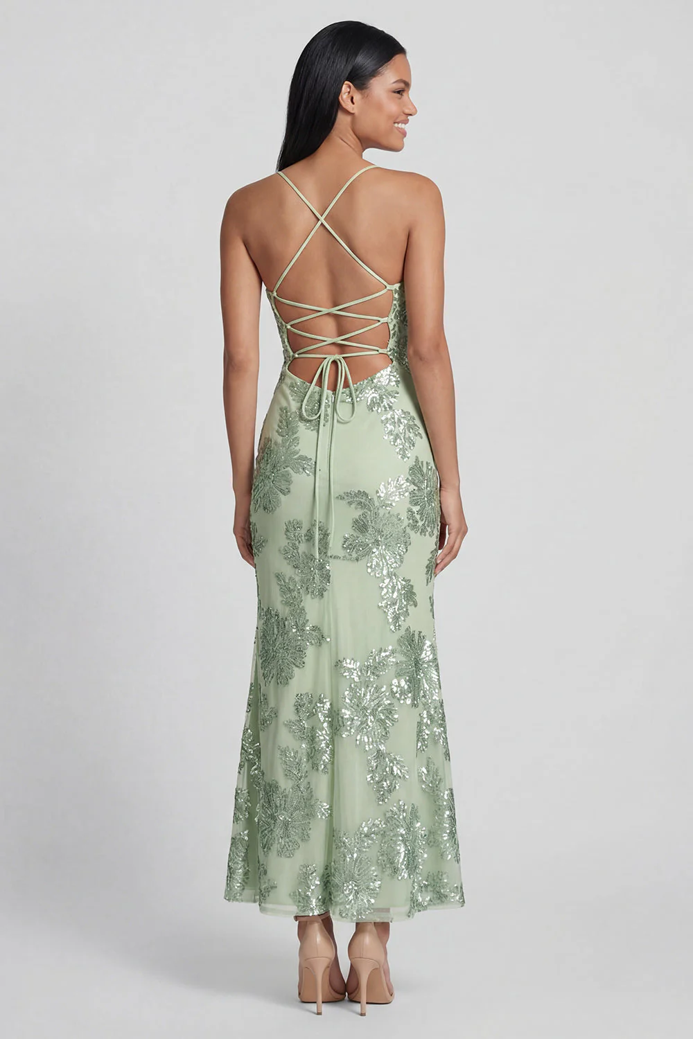 Sage Green Sheath Spaghetti Straps Embroidery Floral Dress with Lace Up Back - Image 3