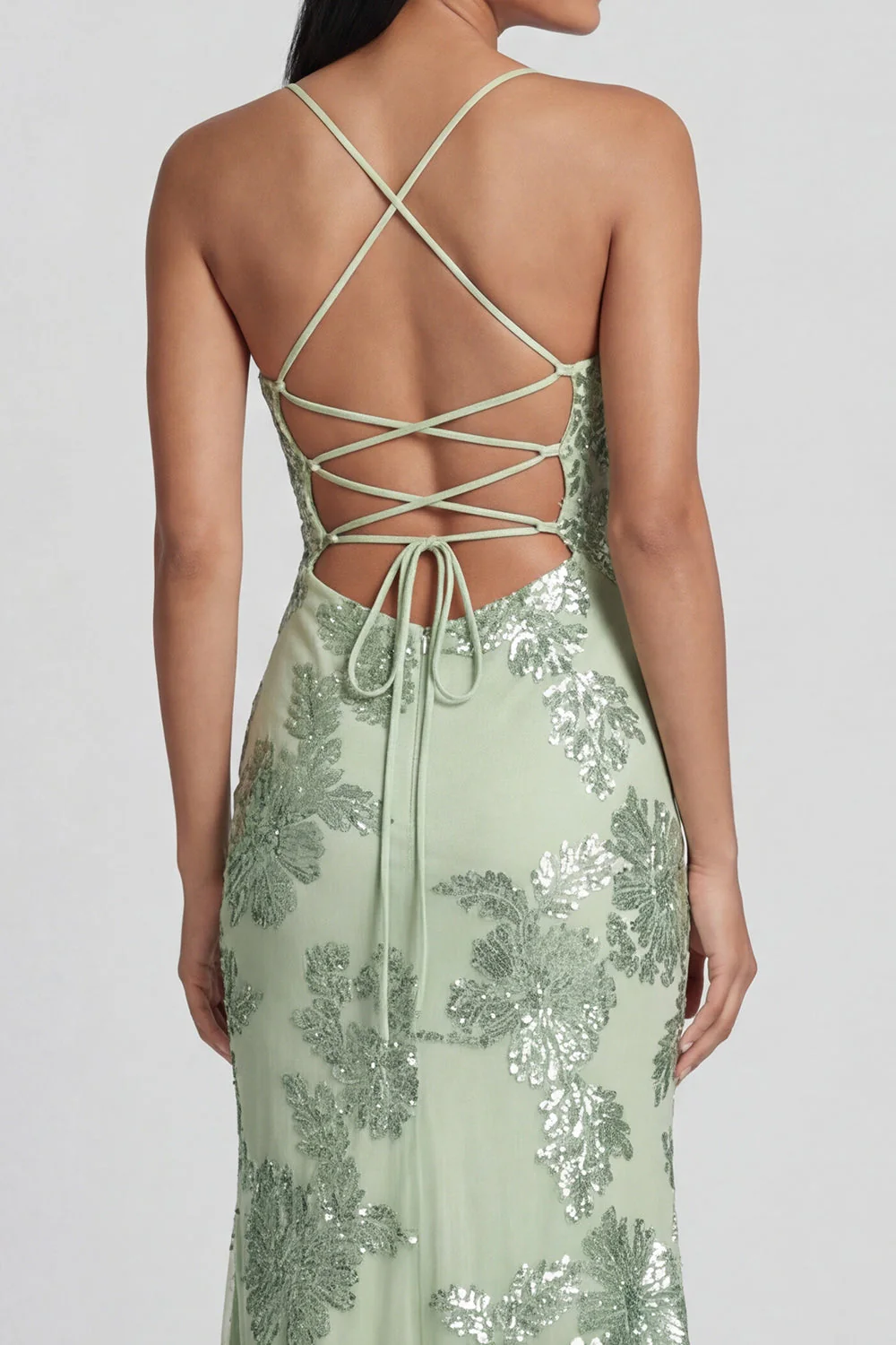 Sage Green Sheath Spaghetti Straps Embroidery Floral Dress with Lace Up Back - Image 5