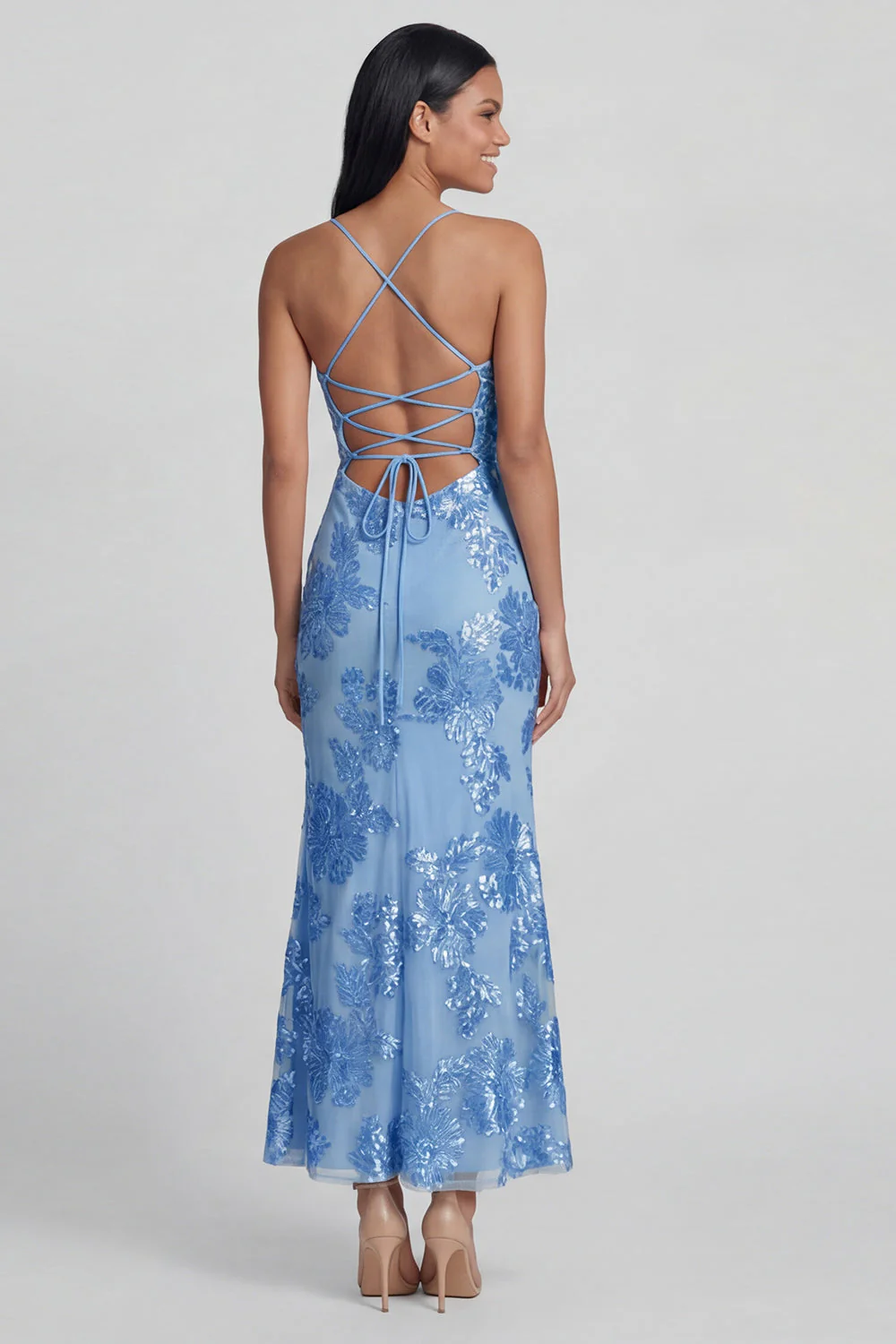 Sage Green Sheath Spaghetti Straps Embroidery Floral Dress with Lace Up Back - Image 7