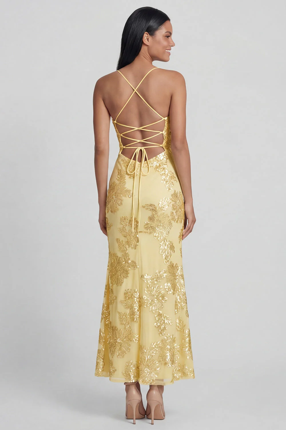 Sage Green Sheath Spaghetti Straps Embroidery Floral Dress with Lace Up Back - Image 9
