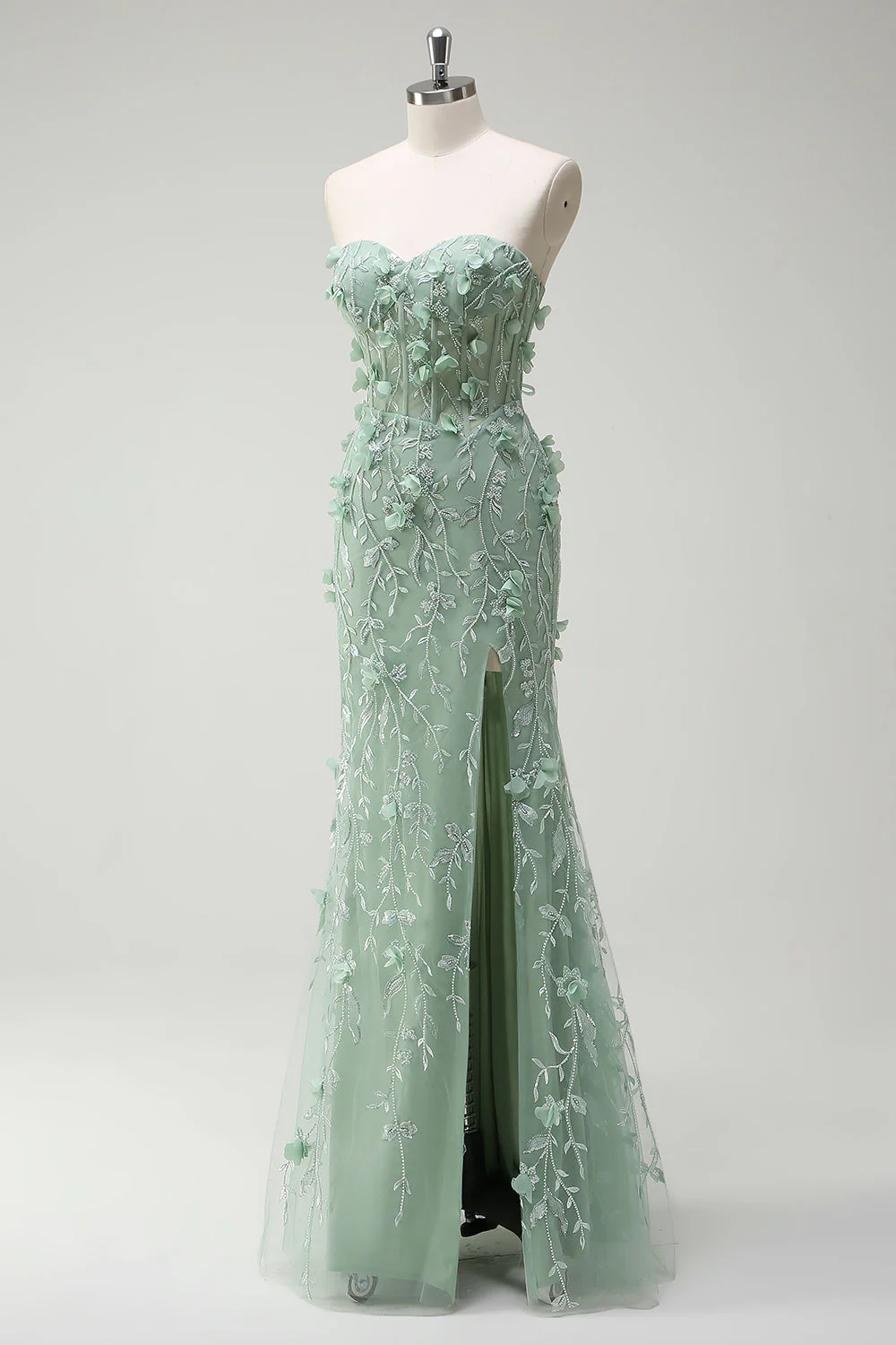 Sage Mermaid Sweetheart Floral Appliqued Long Prom Dress with Slit - Image 3