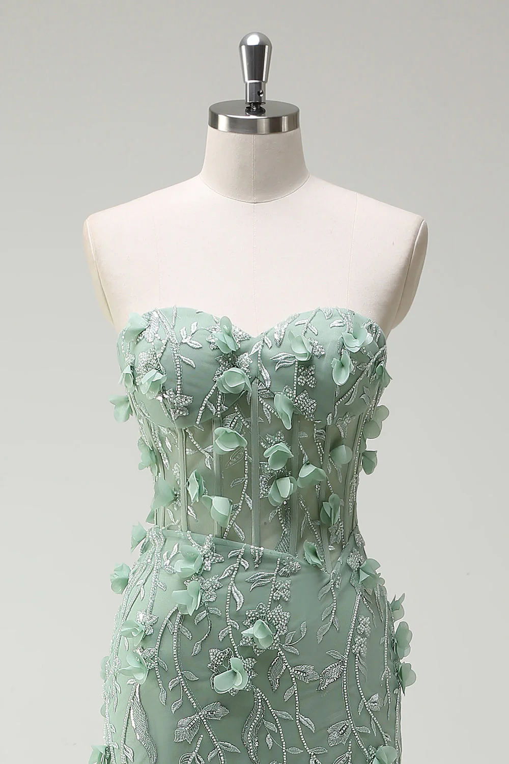 Sage Mermaid Sweetheart Floral Appliqued Long Prom Dress with Slit - Image 4