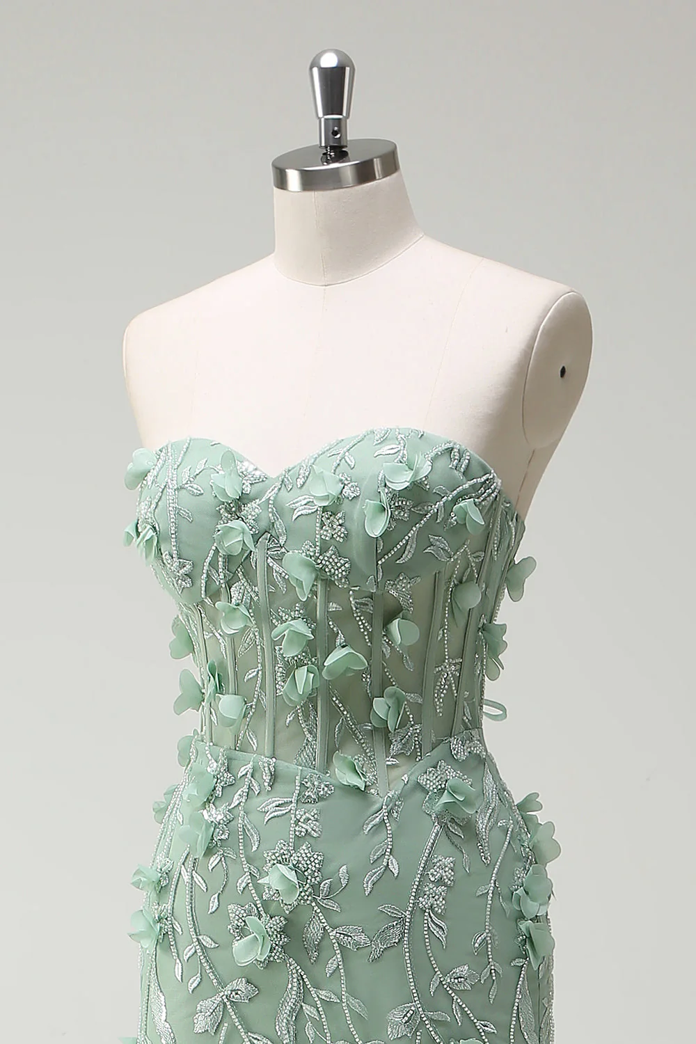 Sage Mermaid Sweetheart Floral Appliqued Long Prom Dress with Slit - Image 6