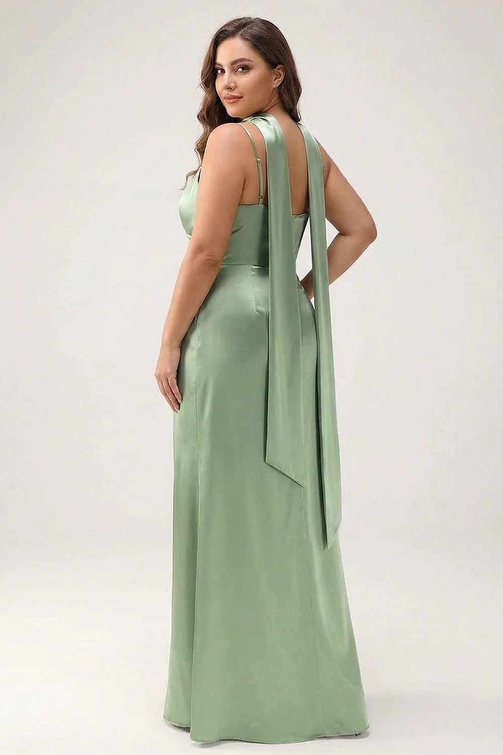 Sage Satin Ruched Sheath Ruched Streamer Long Plus Size Bridesmaid Dress with Slit - Image 2