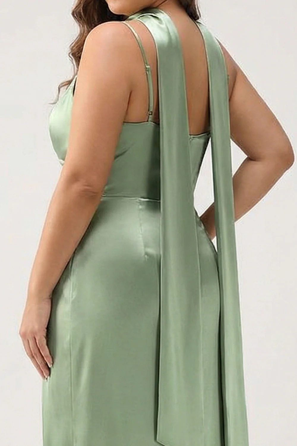 Sage Satin Ruched Sheath Ruched Streamer Long Plus Size Bridesmaid Dress with Slit - Image 4