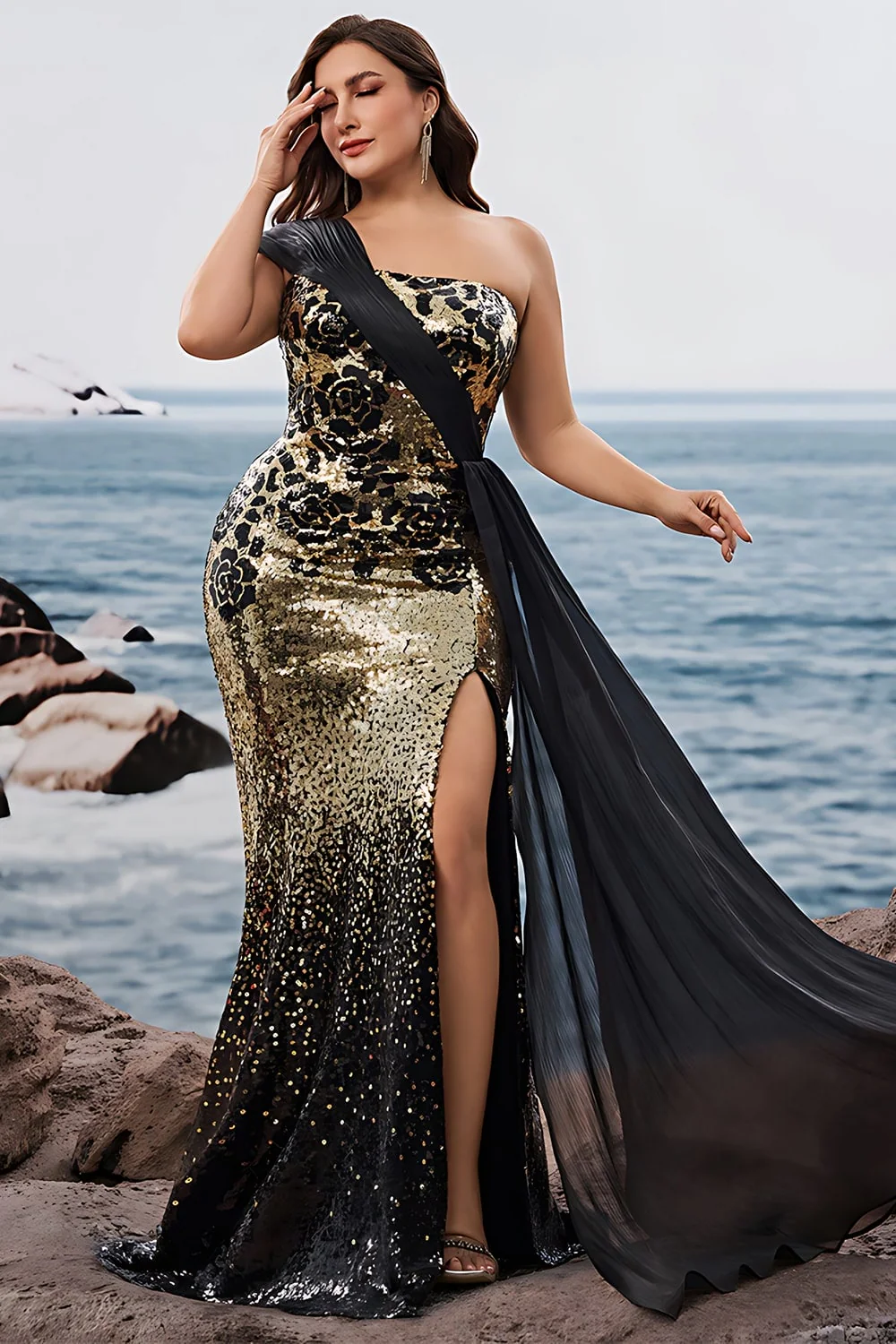 Saprkly Black Golden Mermaid One Shoulder Long Evening Dress with Slit - Image 6