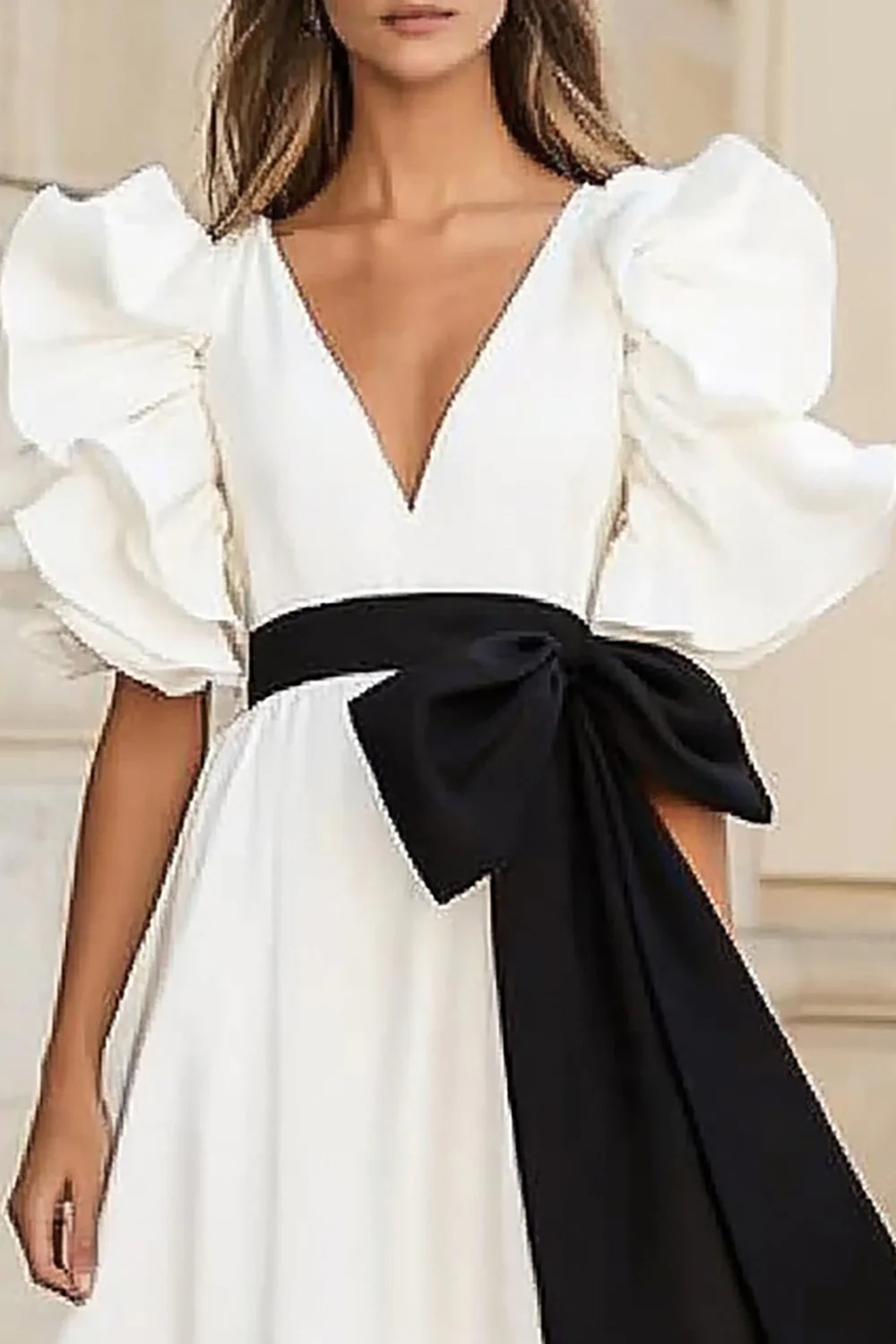 Satin Black and White Ruffled Long Formal Dress with Bow - Image 2