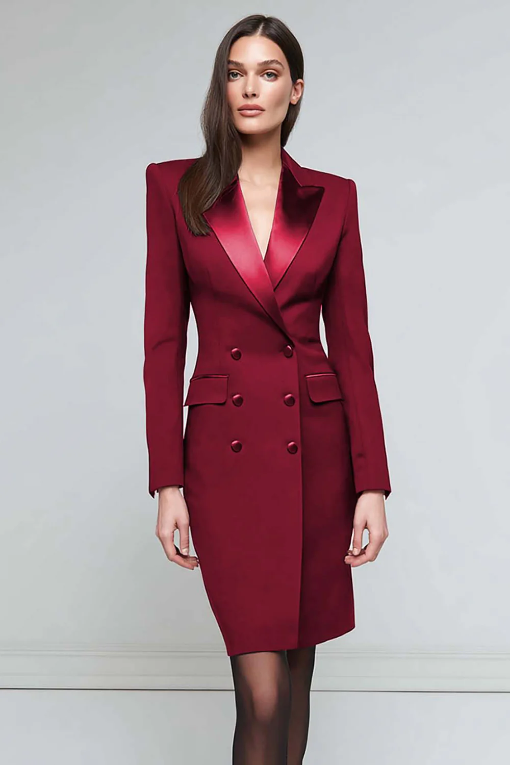 Satin Black Peak Lapel Midi Work Dress - Image 10