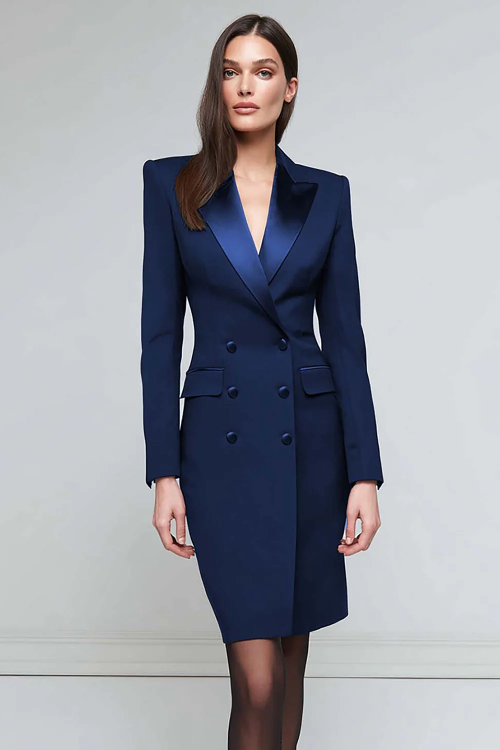 Satin Black Peak Lapel Midi Work Dress - Image 11