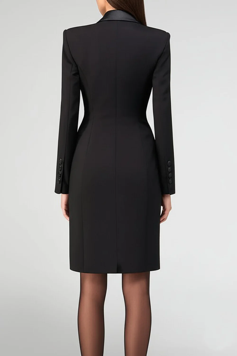 Satin Black Peak Lapel Midi Work Dress - Image 2