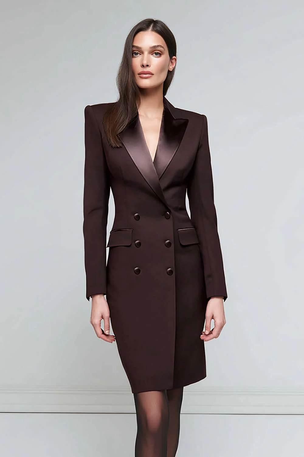 Satin Black Peak Lapel Midi Work Dress - Image 4