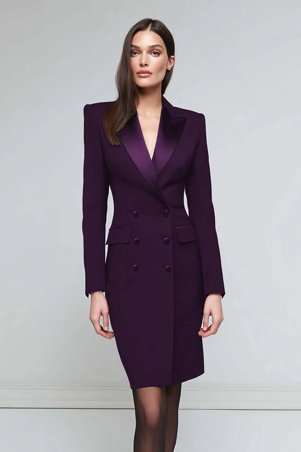 Satin Black Peak Lapel Midi Work Dress - Image 6