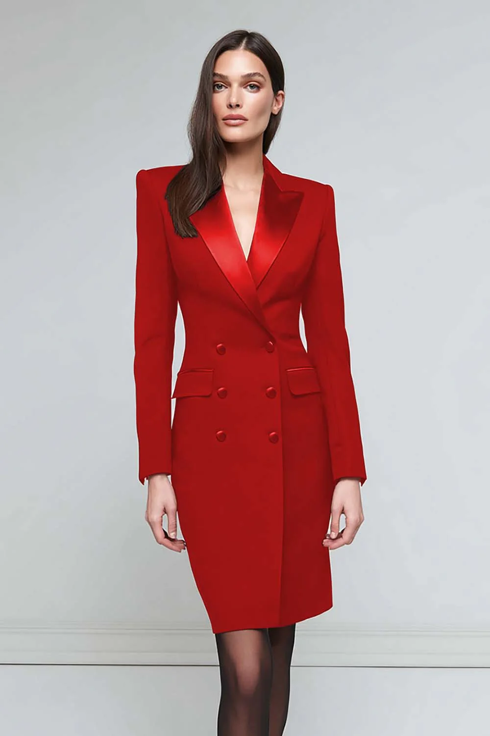 Satin Black Peak Lapel Midi Work Dress - Image 7
