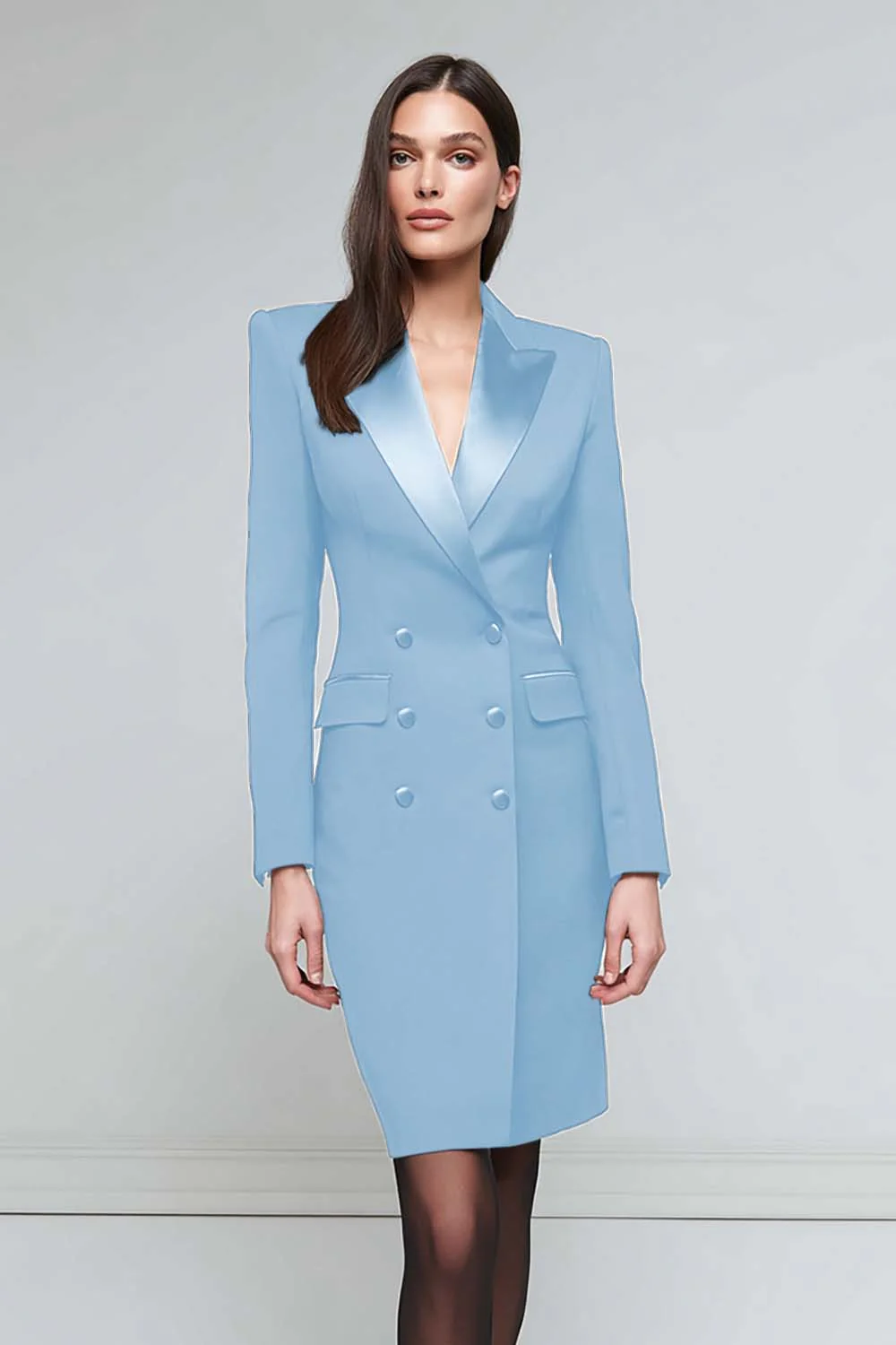 Satin Black Peak Lapel Midi Work Dress - Image 9