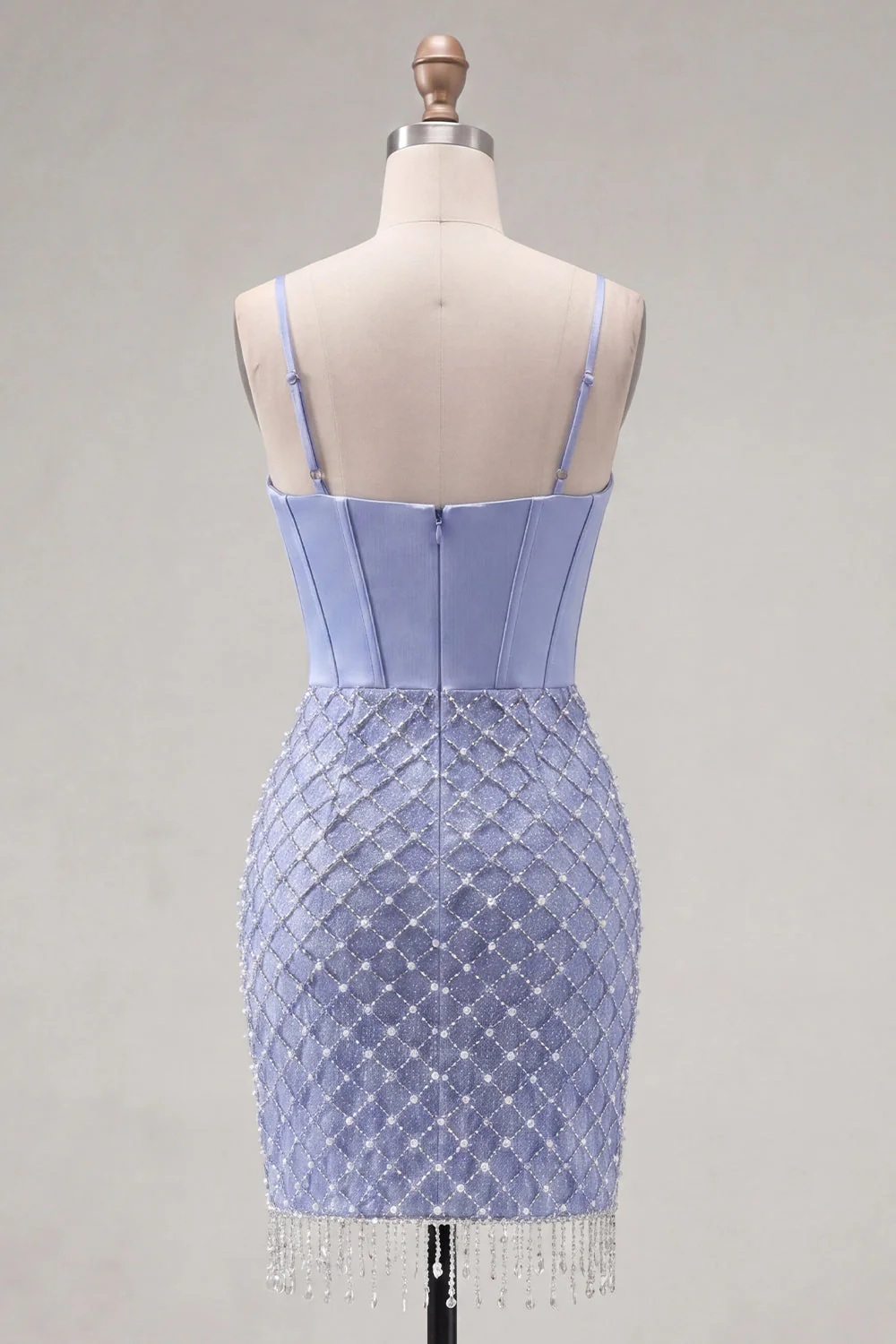 Blue Corset Bodycon Pleated Beaded Cocktail Dress with Slit - Image 2