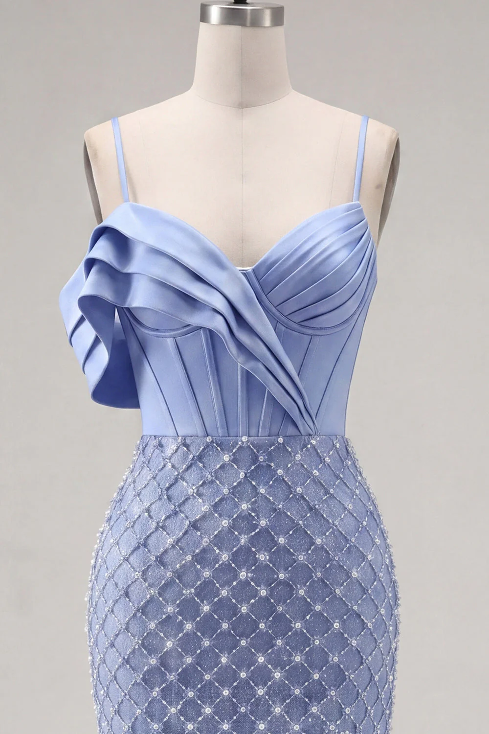Blue Corset Bodycon Pleated Beaded Cocktail Dress with Slit - Image 7