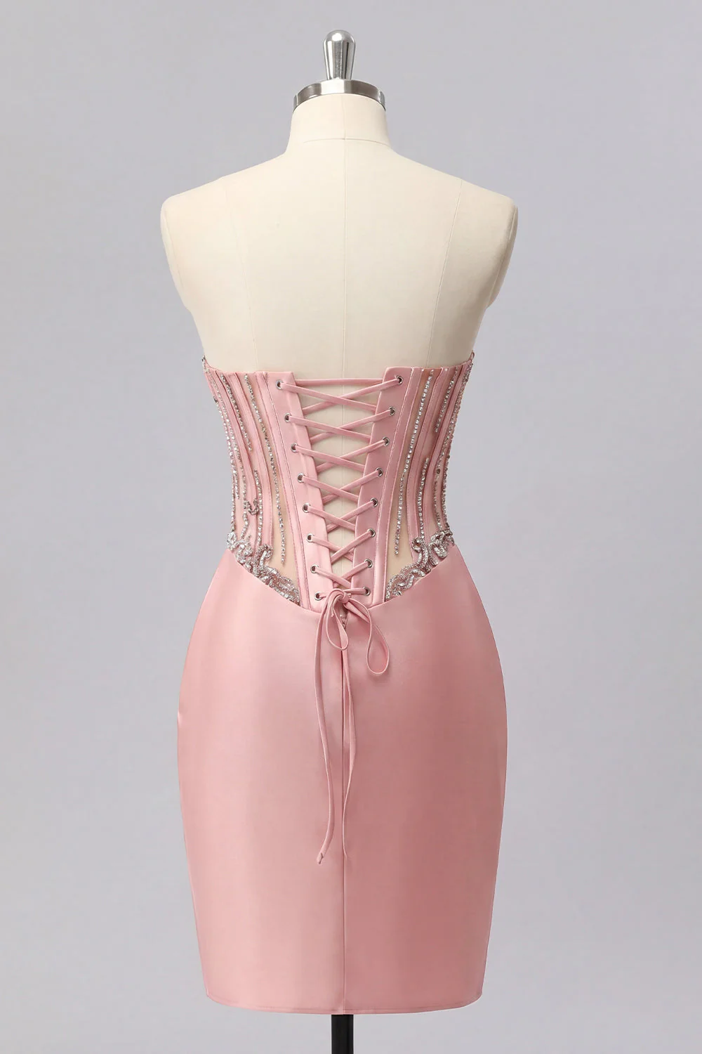 Sweetheart Blush Bodycon Corset Ruched Cocktail Dress with Rhinestones - Image 2
