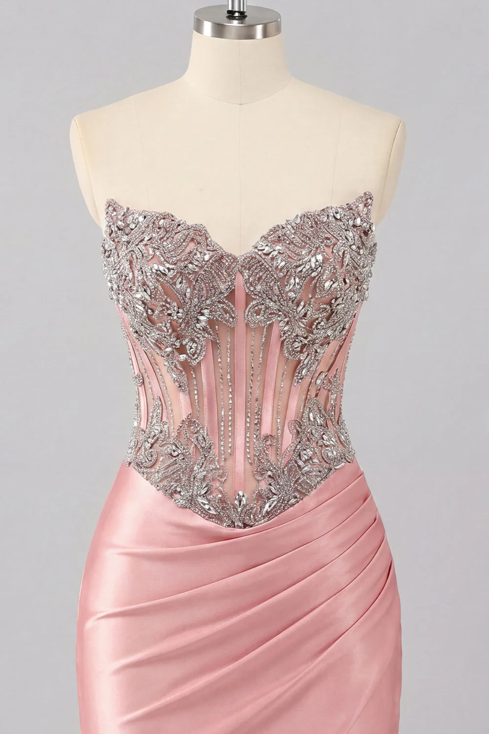 Sweetheart Blush Bodycon Corset Ruched Cocktail Dress with Rhinestones - Image 8