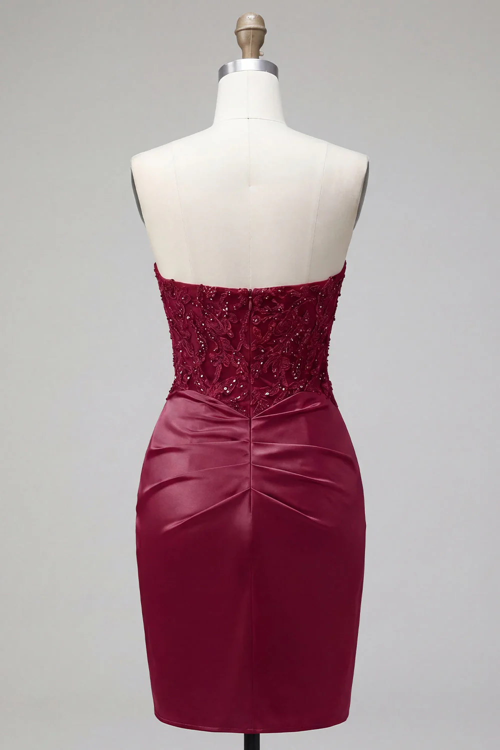 Burgundy Sweetheart Ruched Bodycon Satin Mini Cocktail Dress with Sequins - Image 2