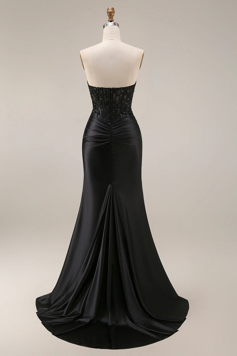 Black Mermaid Strapless Corset Ruched Beaded Long Prom Dress with Slit - Image 2
