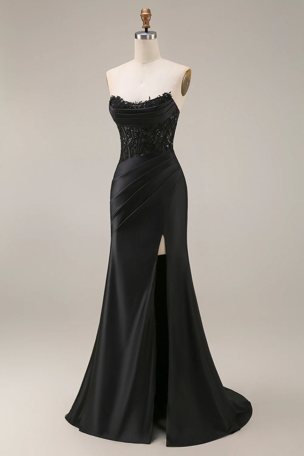 Black Mermaid Strapless Corset Ruched Beaded Long Prom Dress with Slit - Image 3