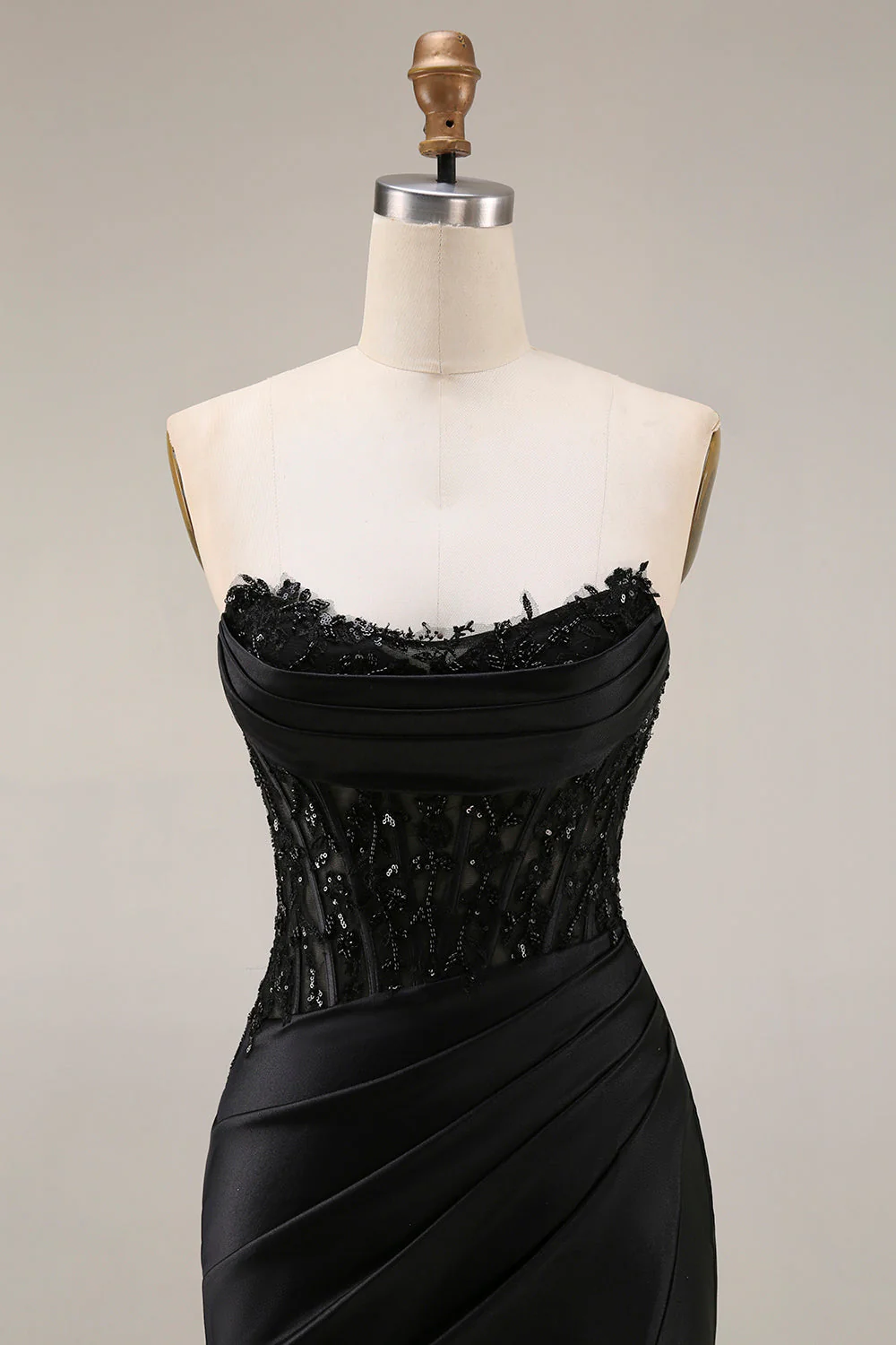 Black Mermaid Strapless Corset Ruched Beaded Long Prom Dress with Slit - Image 4