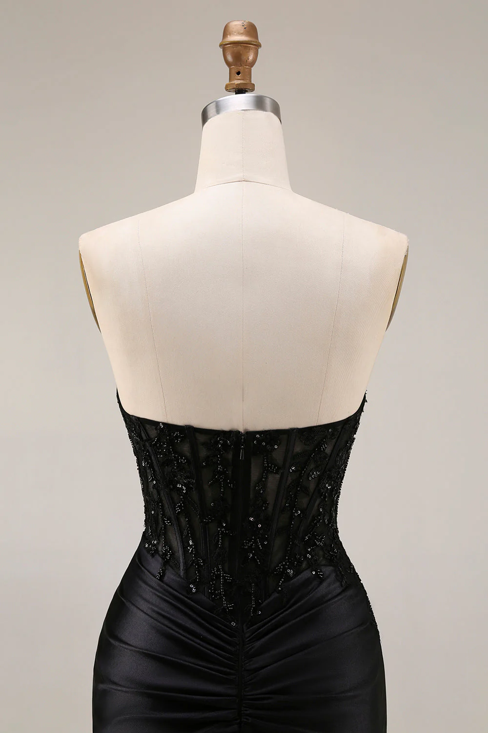 Black Mermaid Strapless Corset Ruched Beaded Long Prom Dress with Slit - Image 5
