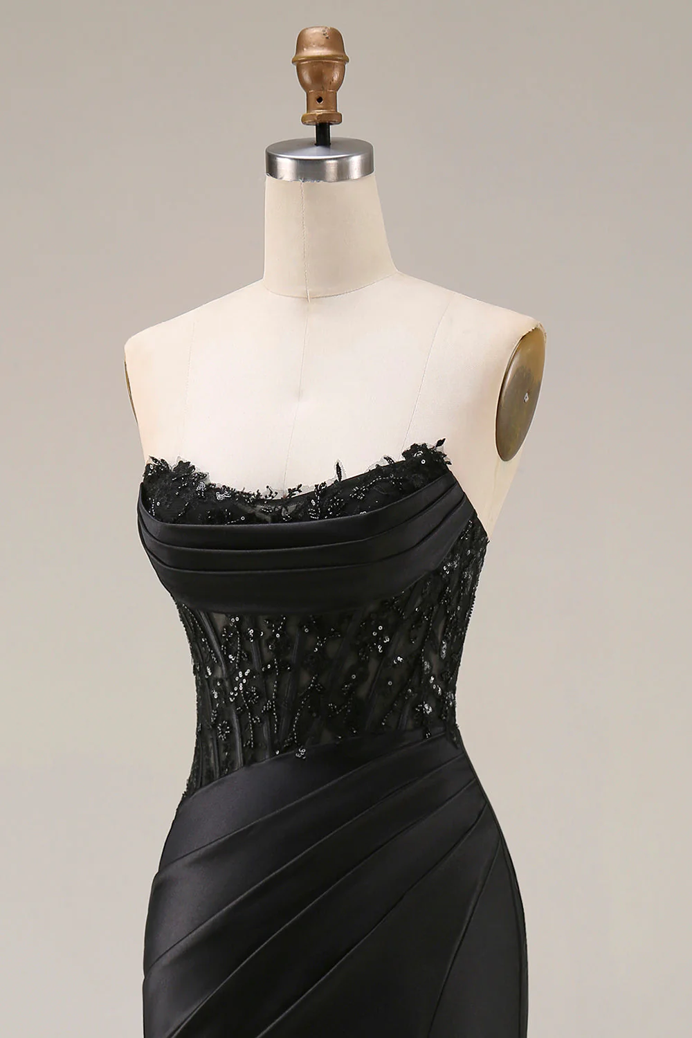 Black Mermaid Strapless Corset Ruched Beaded Long Prom Dress with Slit - Image 6