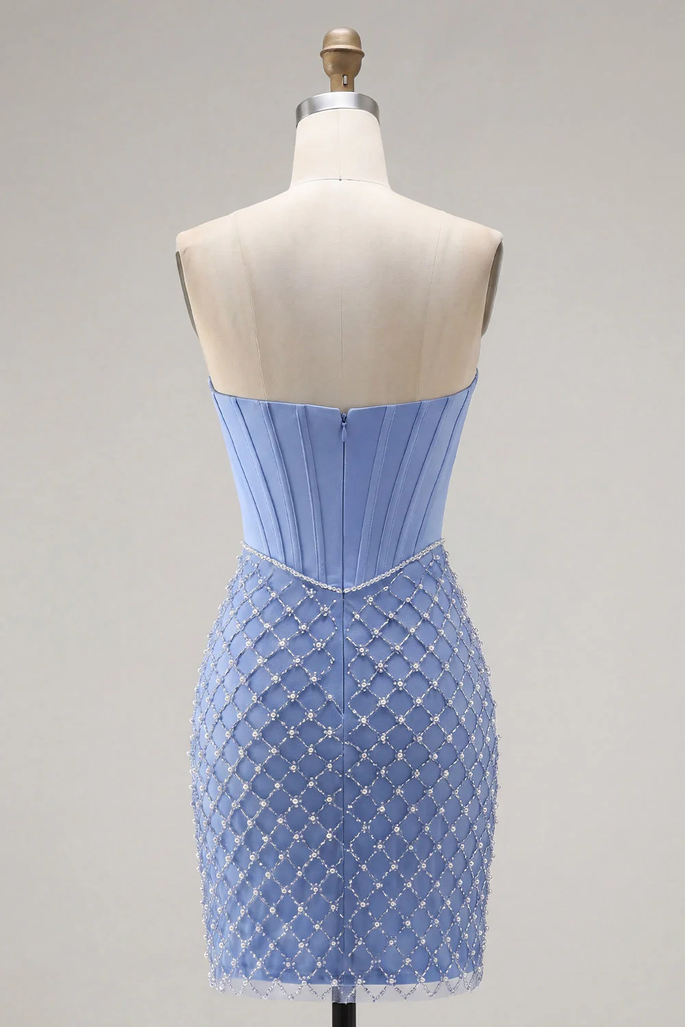 Strapless Blue Corset Bodycon Beaded Cocktail Dress with Slit - Image 2