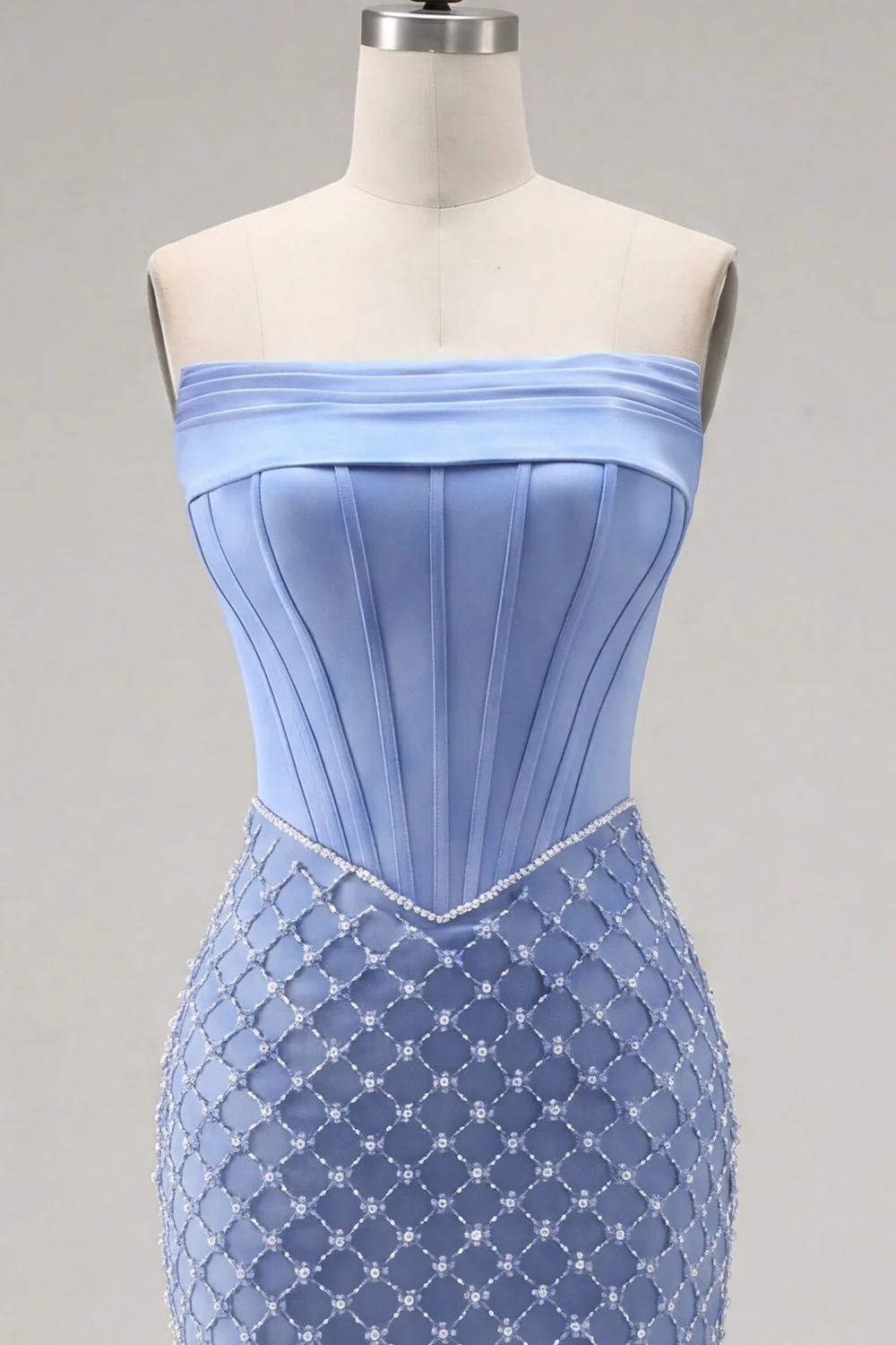 Strapless Blue Corset Bodycon Beaded Cocktail Dress with Slit - Image 7