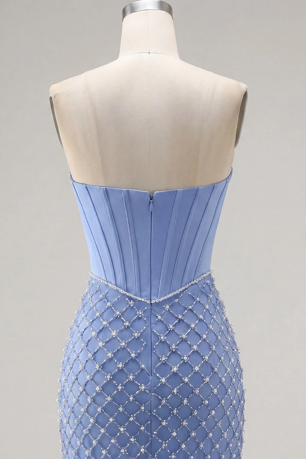 Strapless Blue Corset Bodycon Beaded Cocktail Dress with Slit - Image 8
