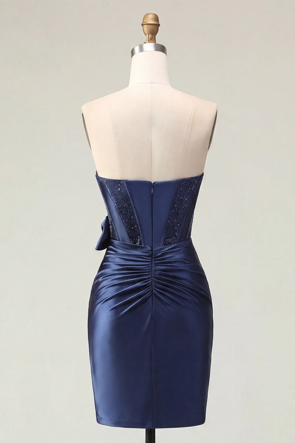 Sweetheart Navy Bodycon Corset Satin Cocktail Dress with Bow - Image 2