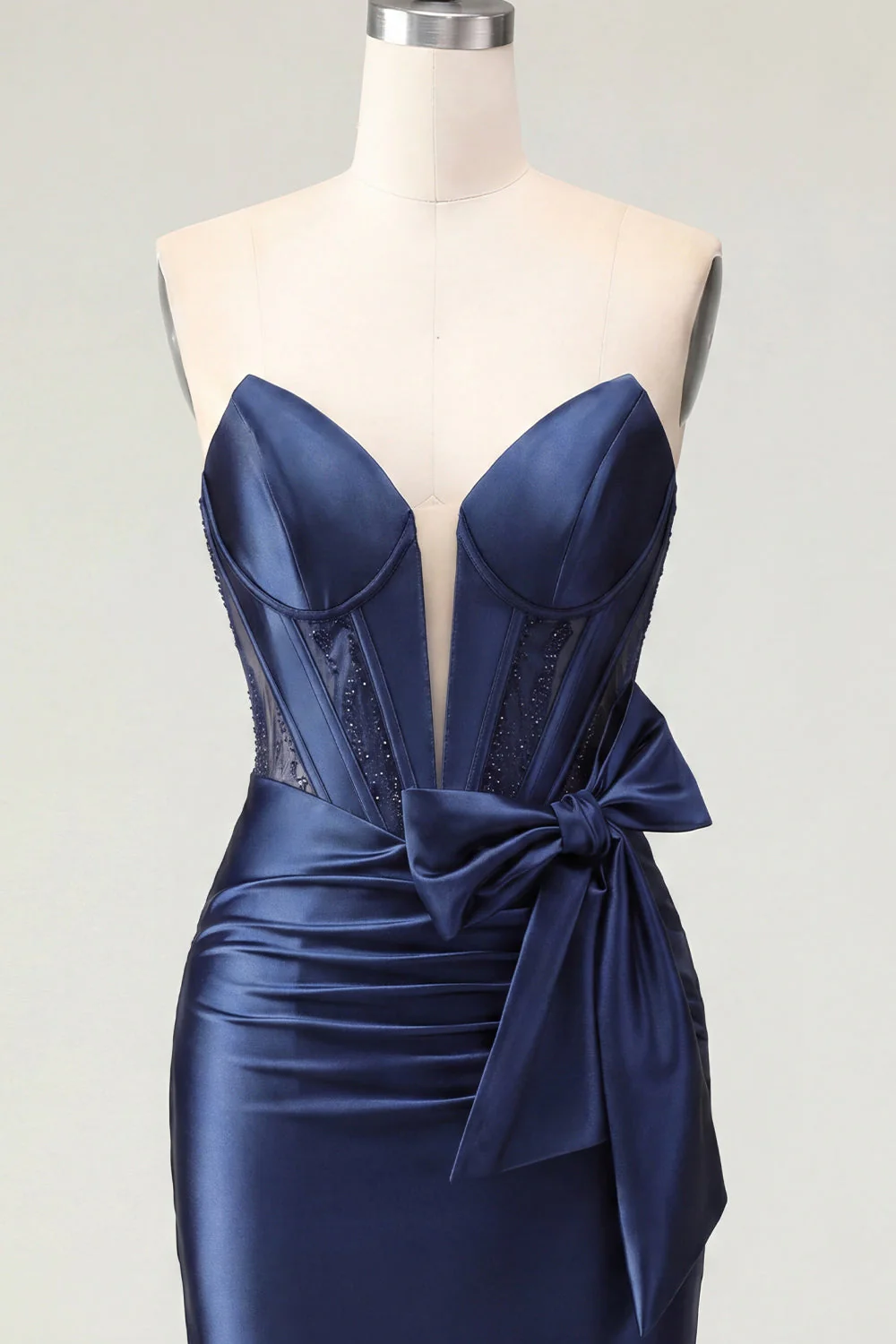 Sweetheart Navy Bodycon Corset Satin Cocktail Dress with Bow - Image 7