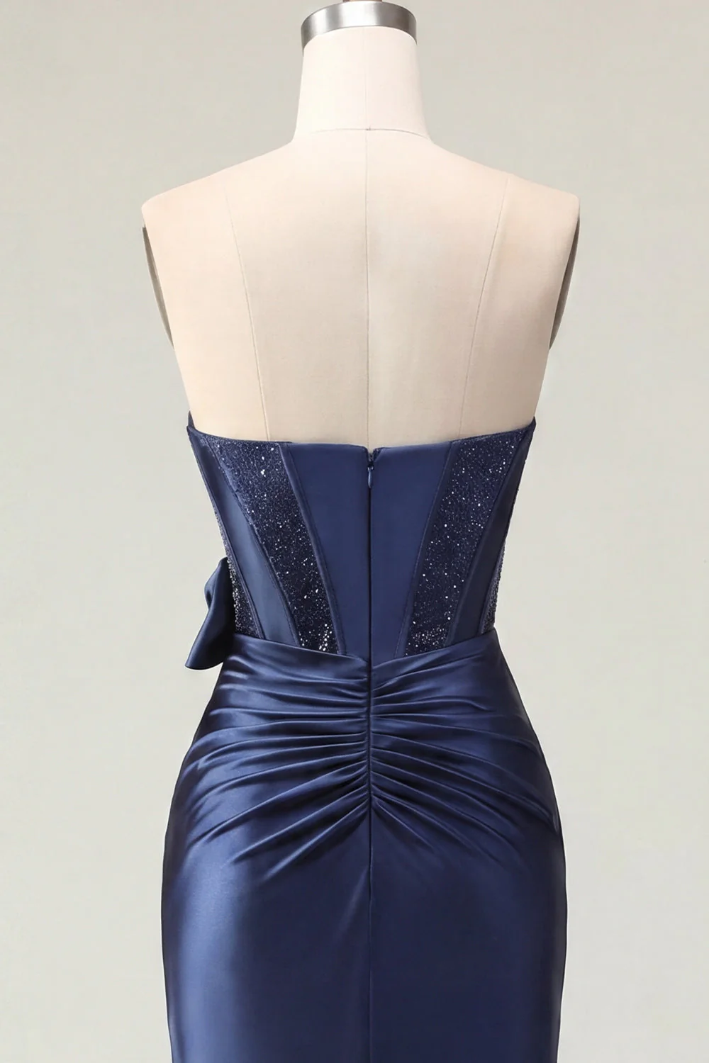 Sweetheart Navy Bodycon Corset Satin Cocktail Dress with Bow - Image 8