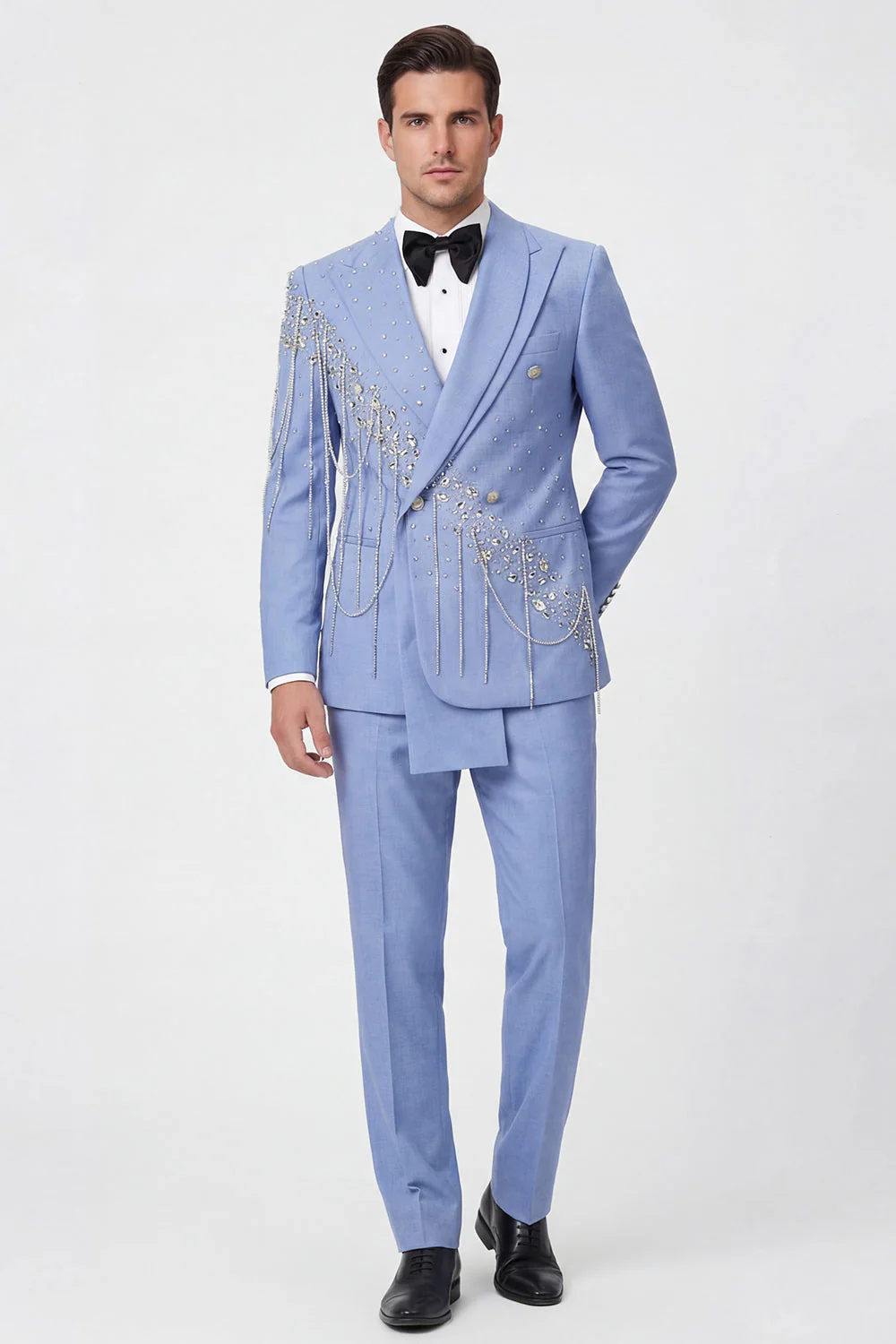 Light Blue Peak Lapel 2 Piece Double Breasted Men's Prom Suits with Beading - Image 2