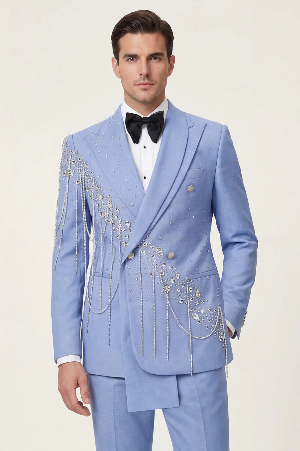Light Blue Peak Lapel 2 Piece Double Breasted Men's Prom Suits with Beading - Image 3