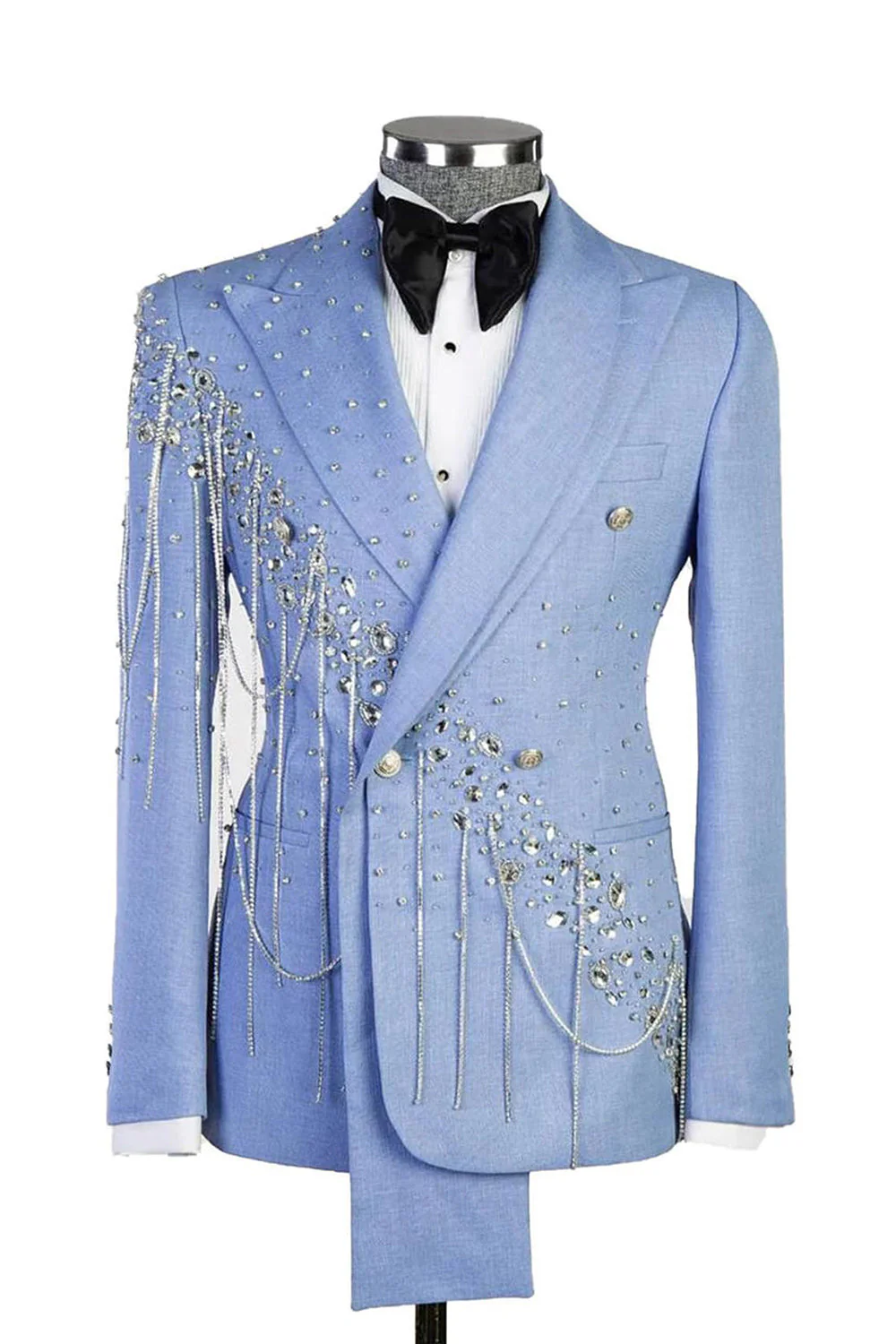 Light Blue Peak Lapel 2 Piece Double Breasted Men's Prom Suits with Beading - Image 4