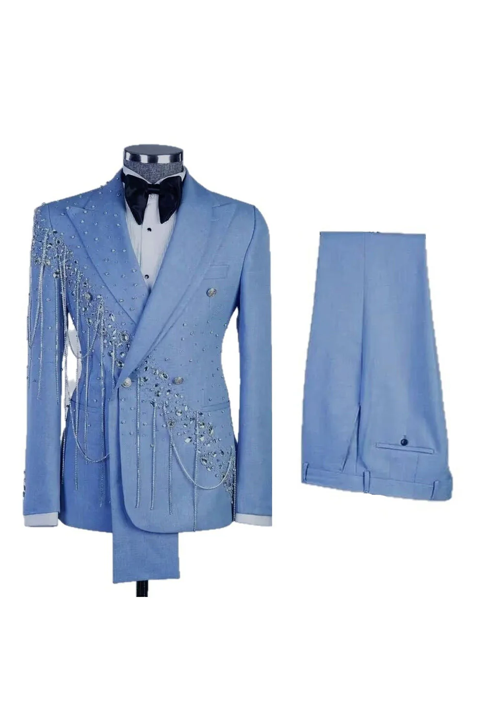 Light Blue Peak Lapel 2 Piece Double Breasted Men's Prom Suits with Beading - Image 5