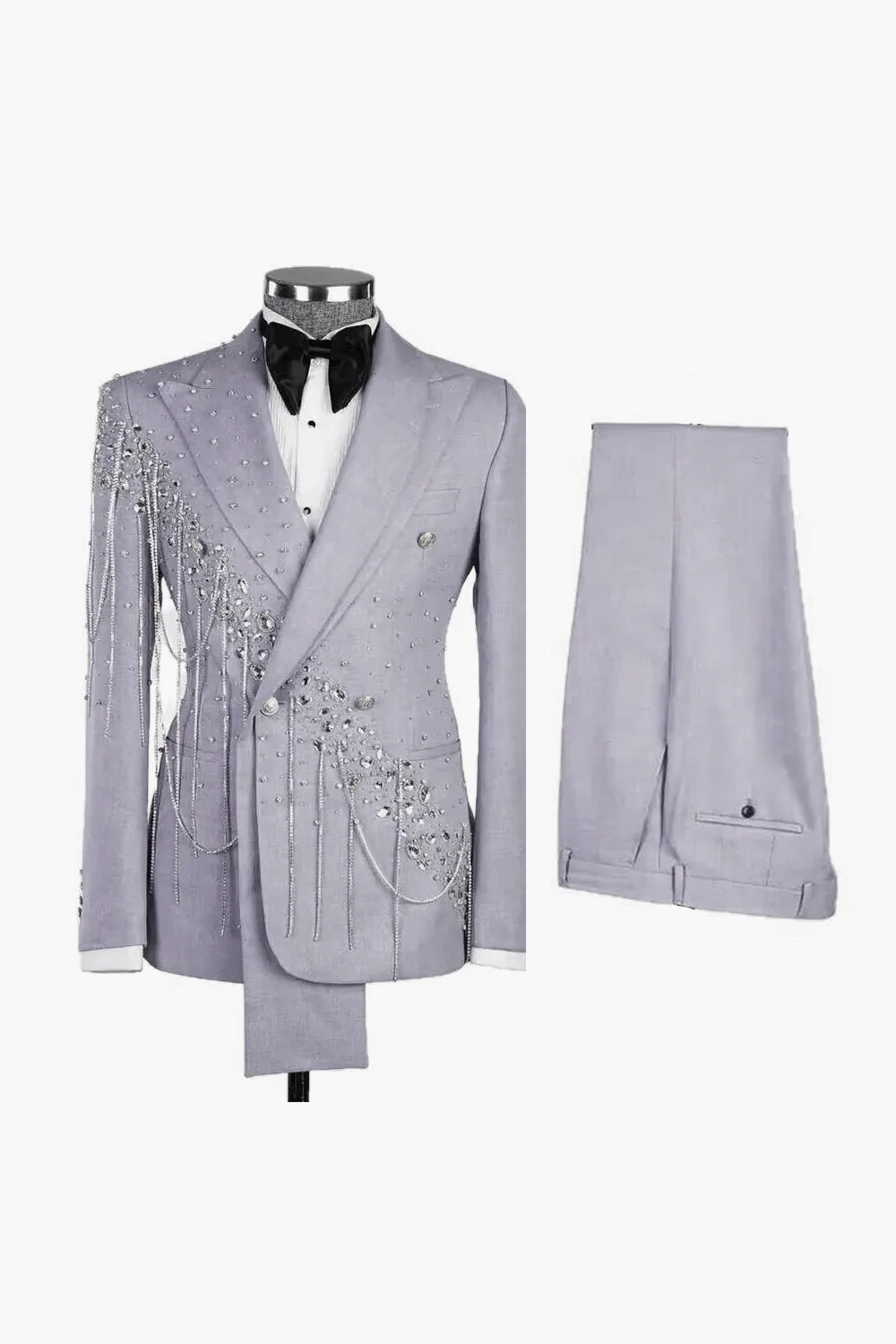Light Blue Peak Lapel 2 Piece Double Breasted Men's Prom Suits with Beading - Image 6