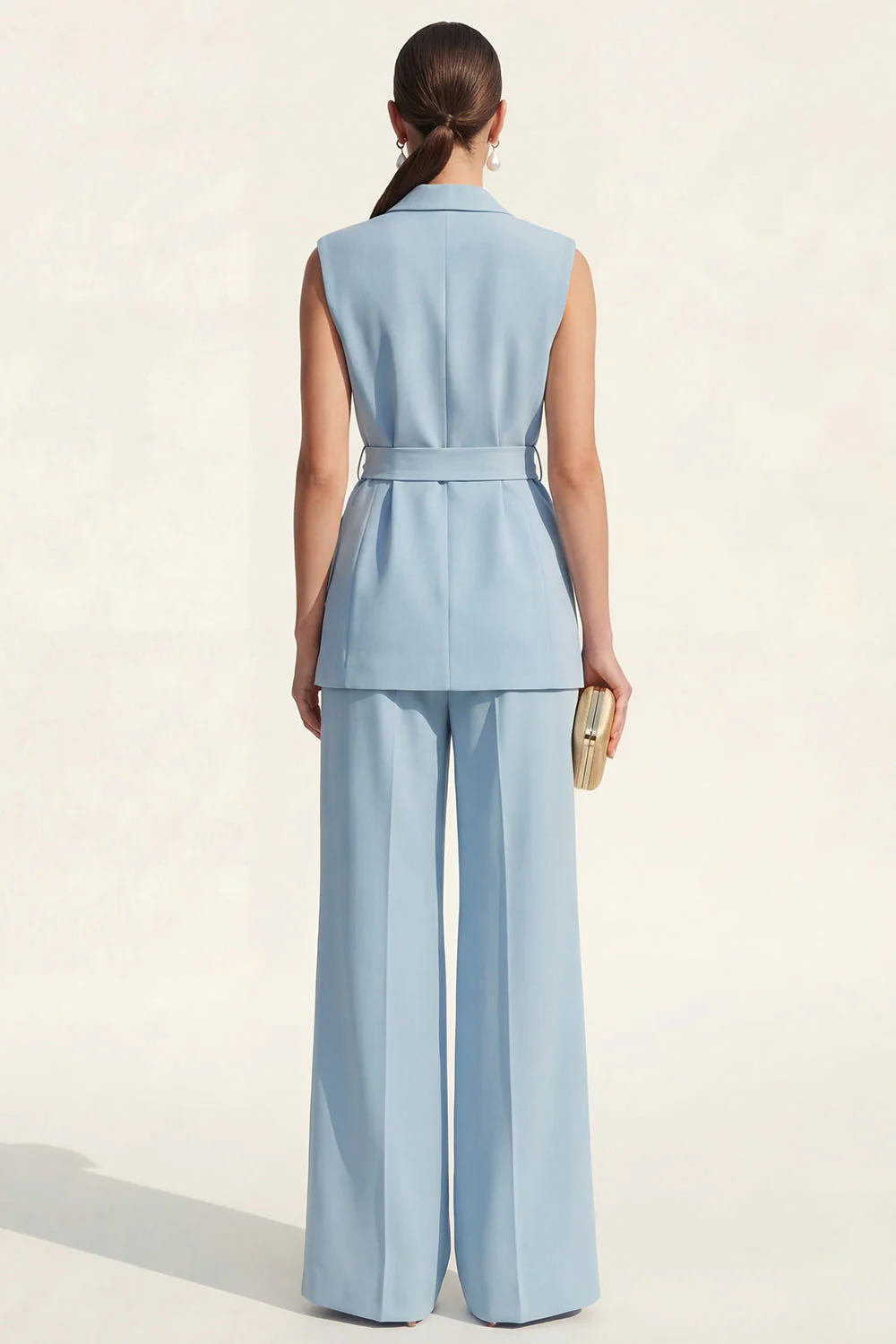 Blue Shawl Lapel 2 Piece Women Business Suits with Belt - Image 2