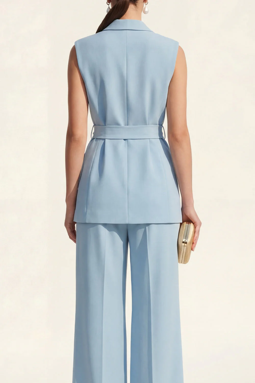 Blue Shawl Lapel 2 Piece Women Business Suits with Belt - Image 4