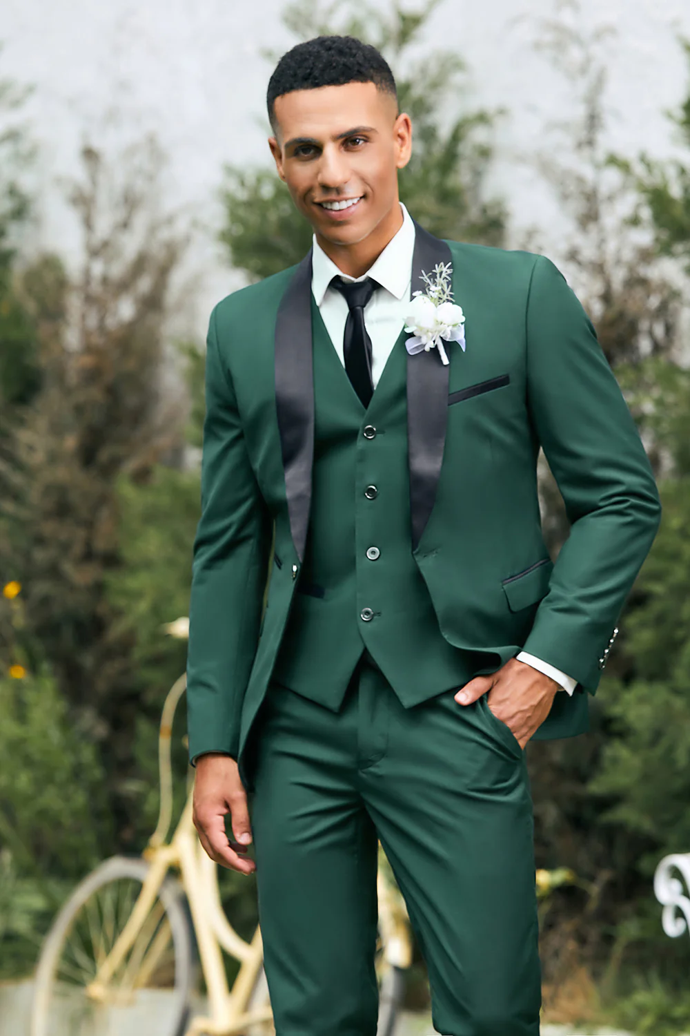 Dark Green Shawl Lapel One Button 3 Pieces Men's Wedding Suits - Image 4