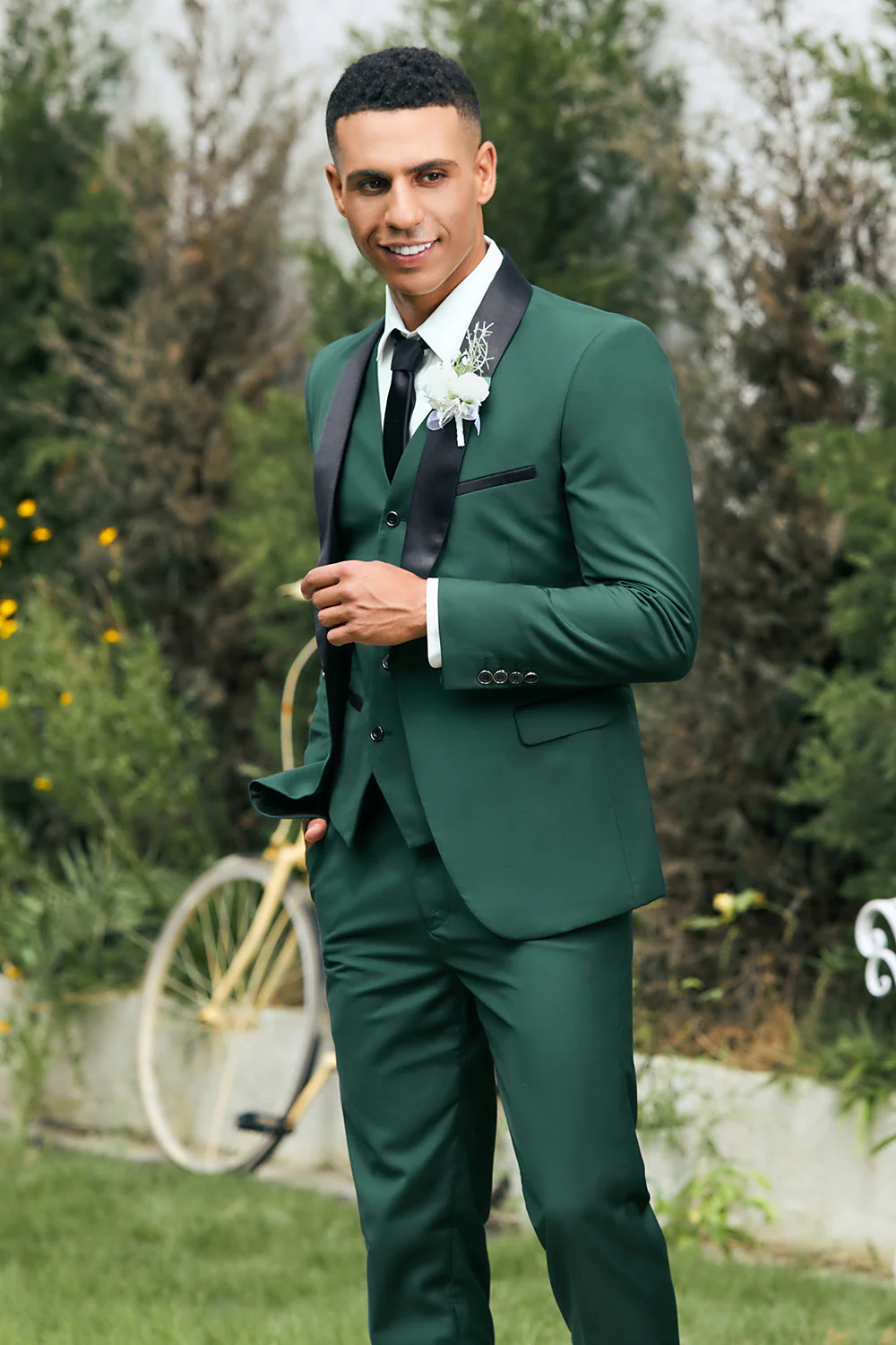 Dark Green Shawl Lapel One Button 3 Pieces Men's Wedding Suits - Image 5