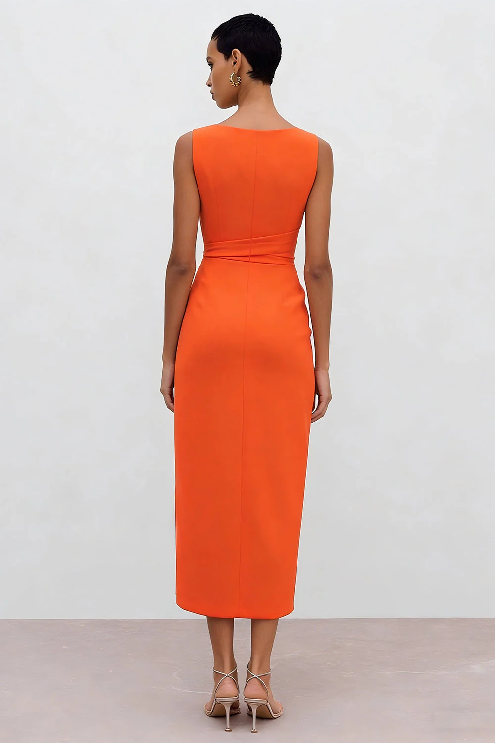 Sheath Bateau Neck Orange Satin Ruched Midi Work Dress with Slit - Image 2