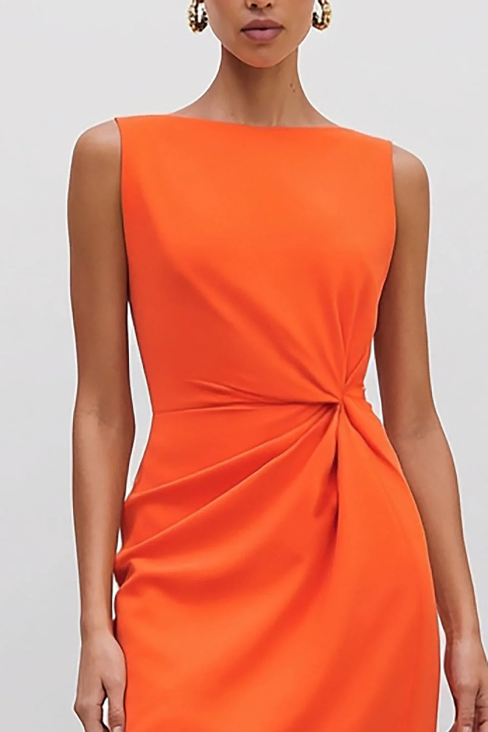 Sheath Bateau Neck Orange Satin Ruched Midi Work Dress with Slit - Image 3