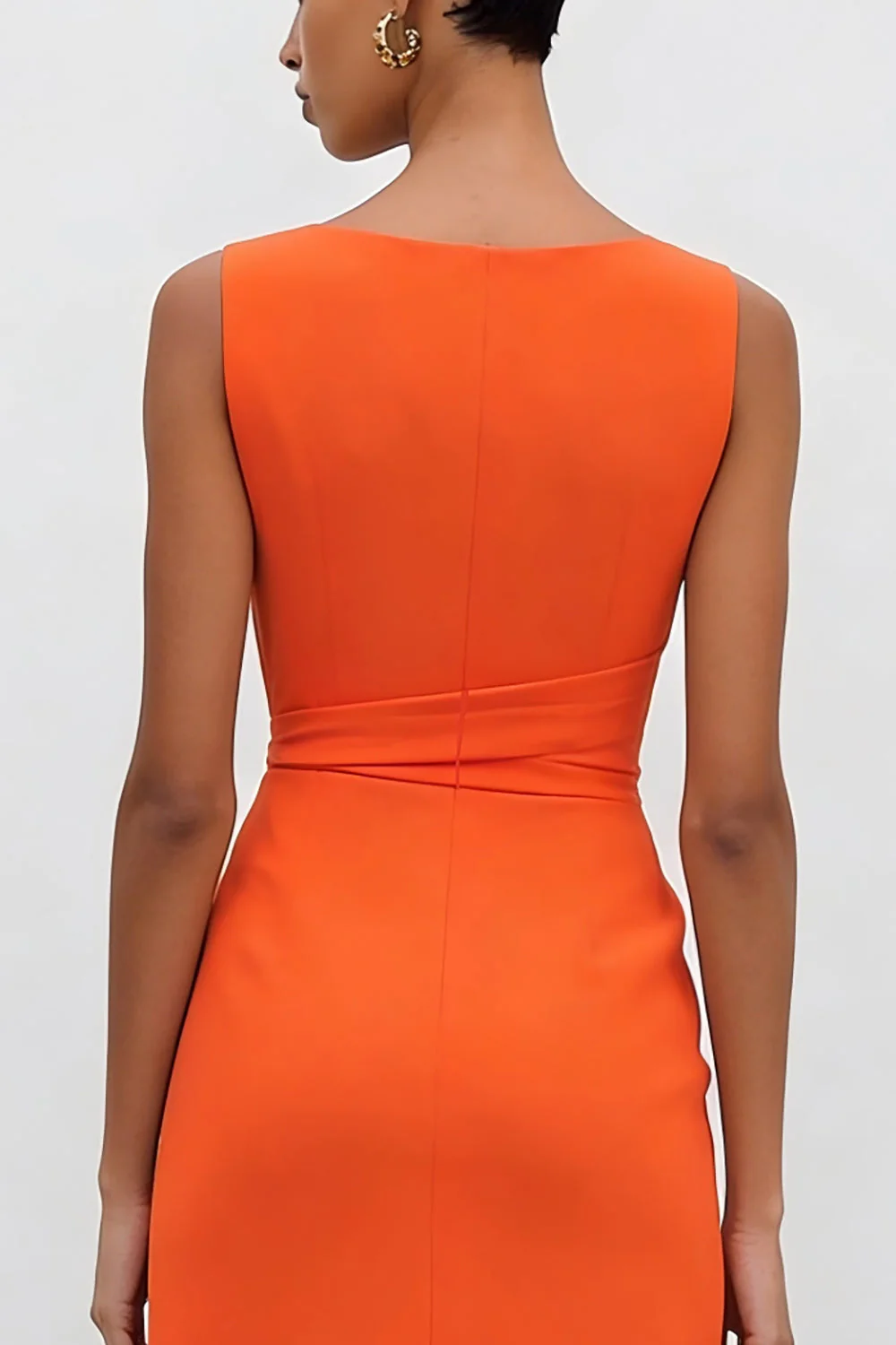 Sheath Bateau Neck Orange Satin Ruched Midi Work Dress with Slit - Image 4
