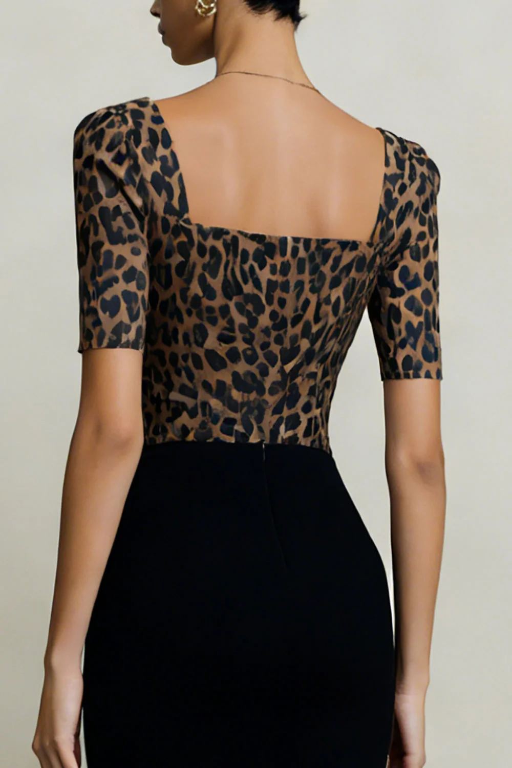 Sheath Black and Brown Leopard Short Sleeves Midi Work Dress - Image 4