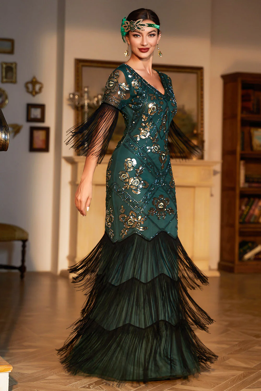 Sheath Black Sequins V Neck Long Choir Dress with Fringes - Image 10
