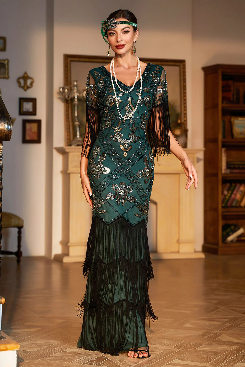 Sheath Black Sequins V Neck Long Choir Dress with Fringes - Image 11